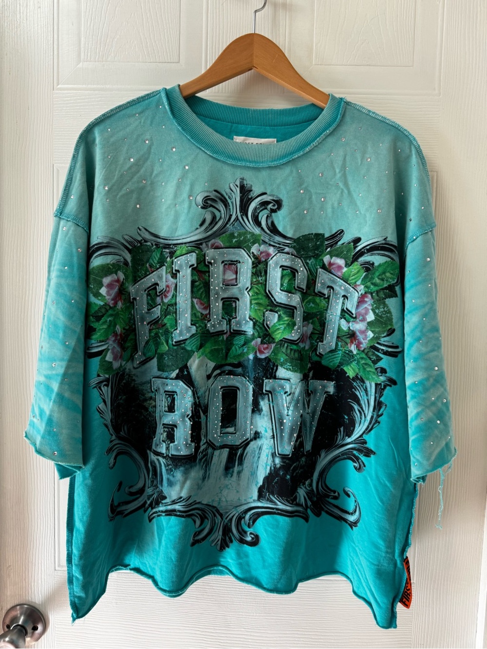 First Row Girls' Turquoise Graphic Sweatshirt with Rhinestone Detail